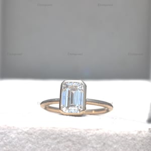 Emerald Cut Lab Grown Bezel Set Engagement Ring, 14K Solid Gold Solitaire Ring, G/VS1 IGI Certified Diamond Ring For Women, Gift For Her