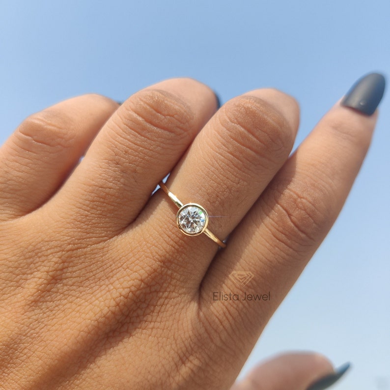 Round Cut Lab Grown Diamond Engagement Ring: 14k Yellow Gold Bezel Solitaire