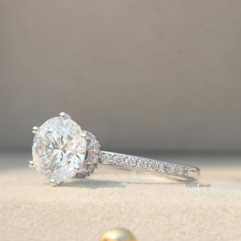 2.45CT Round Lab Diamond Engagement Ring: 18k White Gold Pave Collar Halo