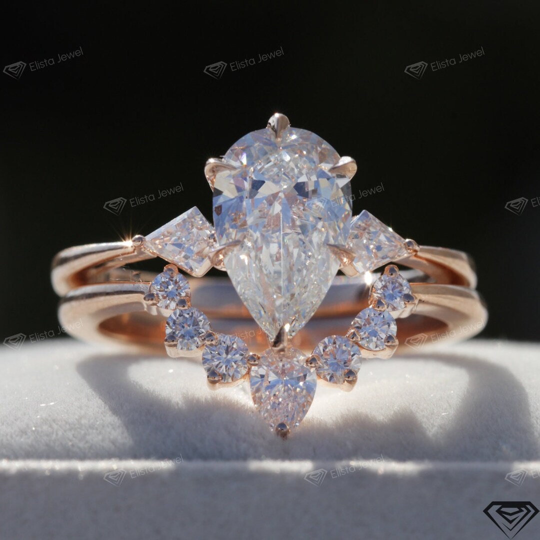Pear Diamond Ring Engagement Set: Solid Gold Bridal Rings - Etsy