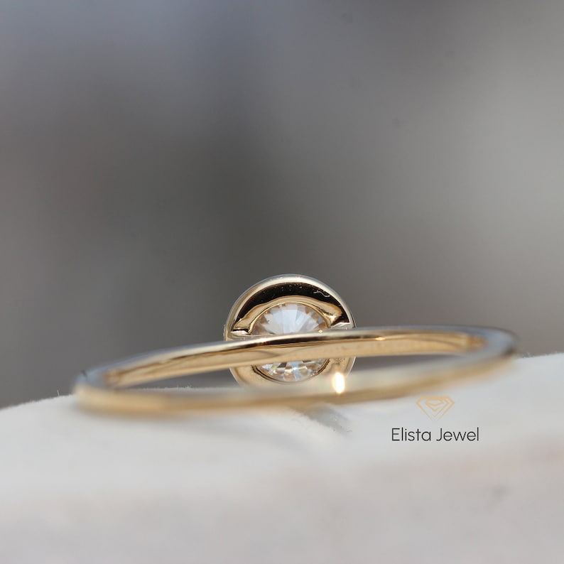 Round Cut Lab Grown Diamond Engagement Ring: 14k Yellow Gold Bezel Solitaire