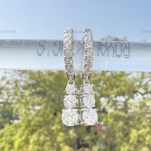 Round Cut Lab Grown Diamond Stunning Dangle Drop Earrings,  14K Solid White Gold CVD Diamond Earrings, Women Jewelry Earrings, Wedding Gift