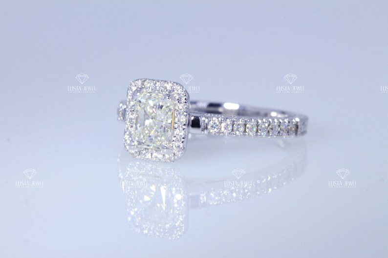 Radiant Cut Ring Lab Grown Diamond Engagement 14K Yellow Gold Halo Wedding Ring