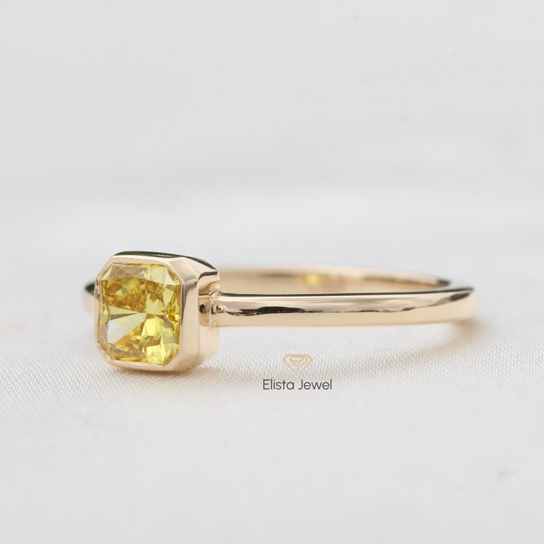 Square Radiant Cut Yellow Lab Grown Diamond Ring: 14K Gold Bezel Set - Etsy