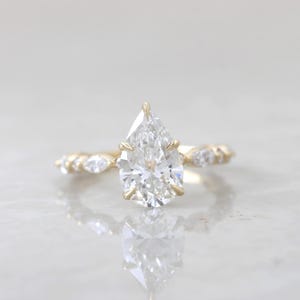 2.00CT Pear Cut Lab Grown Diamond Marquise Pave Engagement Ring, 10K Solid Yellow Gold CVD Diamond Ring, Certified Proposal Ring For Women