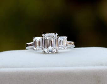 Emerald Cut Lab Diamond Three Stone Ring, 14K White Gold Anniversary Ring