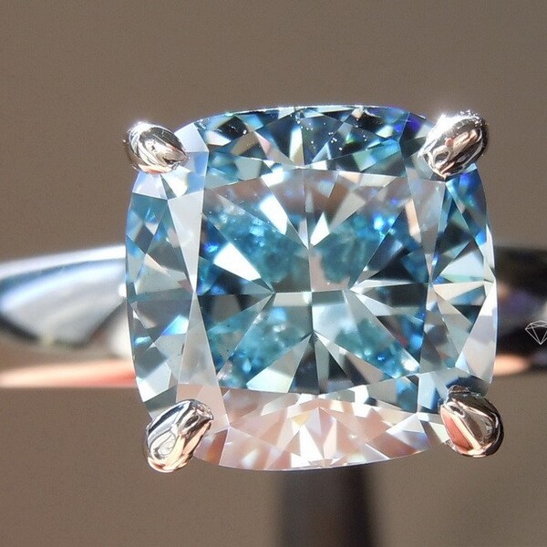 2.03 Cushion cut blue lab created diamond engagement ring for woman.