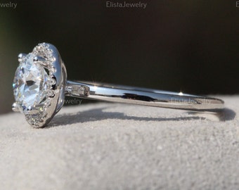 Buy Round Cut Lab Grown Diamond Halo Engagement Ring, 14K White - Main Image