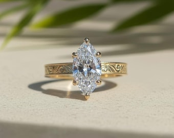 Anillo de compromiso solitario con diamante cultivado en laboratorio, talla marquesa, oro amarillo de 14 quilates, estilo vintage, grabado, de seis puntas.