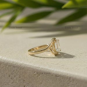 Emerald Diamond Ring Lab-Grown Cut, 18K Yellow Gold Bypass Solitaire