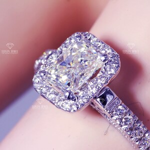 Radiant Cut Ring Lab Grown Diamond Engagement 14K Yellow Gold Halo Wedding Ring