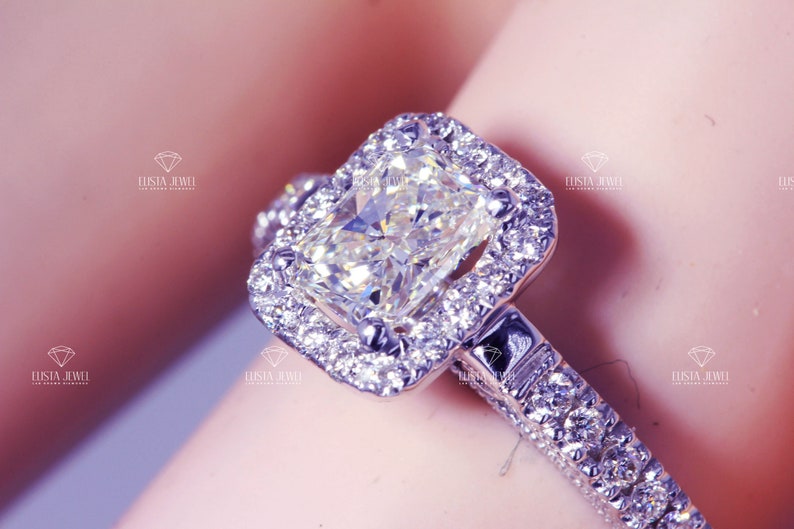 Radiant Cut Ring Lab Grown Diamond Engagement 14K Yellow Gold Halo Wedding Ring