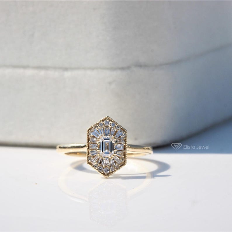 Emerald Cut Diamond Ballerina Ring: Gold Mosaic Engagement Ring