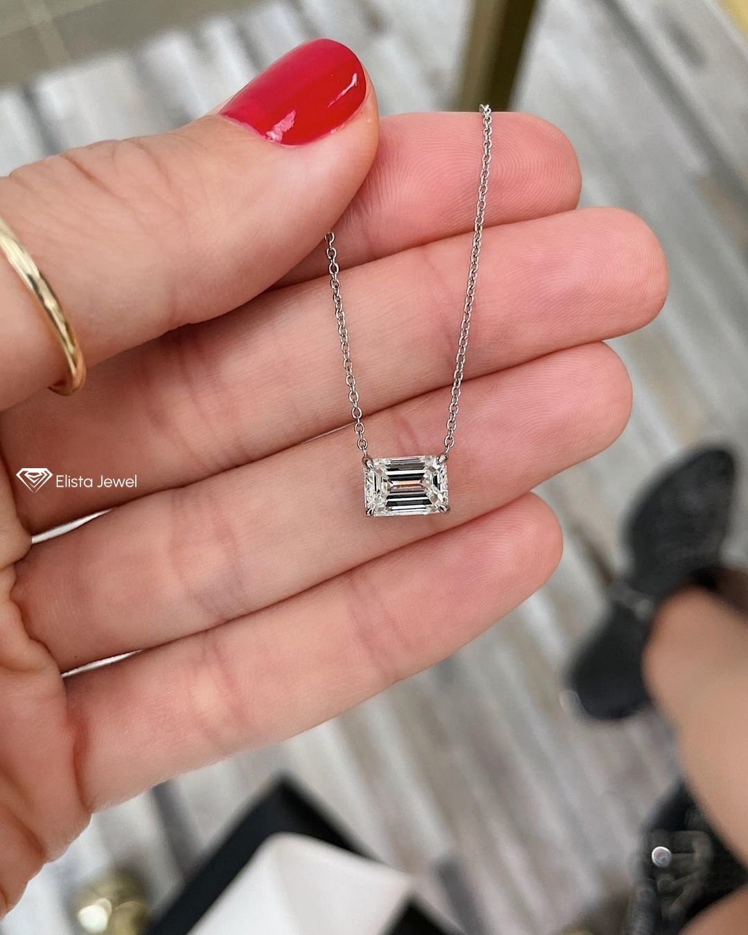 Mini Prong Set Emerald Cut Diamond Necklace - Lizzie Mandler
