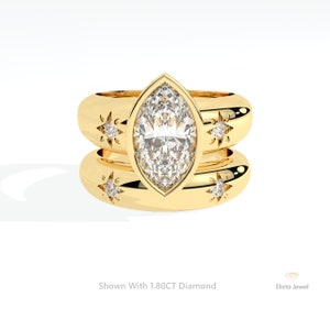 Marquise-Cut Diamond Flush Setting Wedding Ring Set With Star Engrave Celestial Band Made In 14k Solid Gold Ring Set For Women, Gift For Her