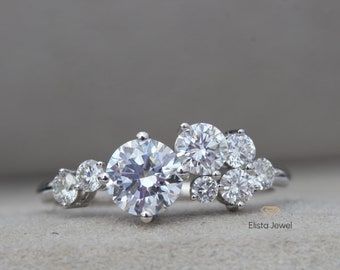 Lab Grown Diamond Cluster Ring: 1.40 Carat, 18k White Gold Wedding Ring