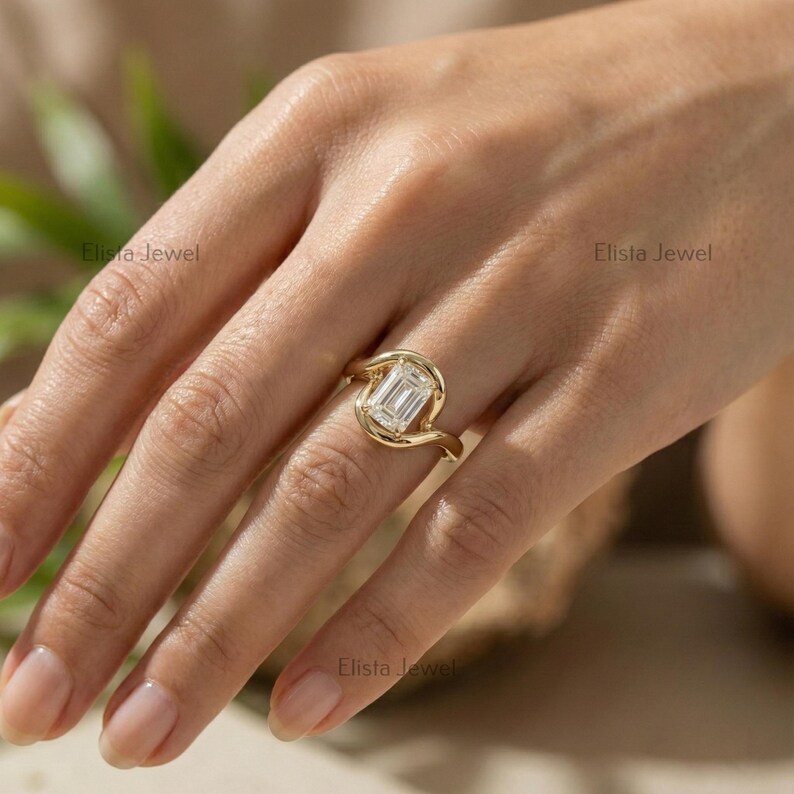 Emerald Diamond Ring Lab-Grown Cut, 18K Yellow Gold Bypass Solitaire