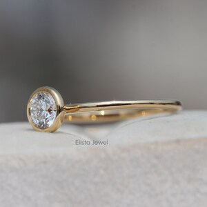 Round Cut Lab Grown Diamond Engagement Ring: 14k Yellow Gold Bezel Solitaire