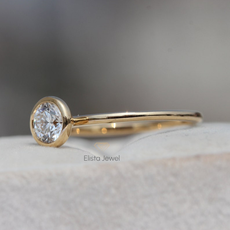 Round Cut Lab Grown Diamond Engagement Ring: 14k Yellow Gold Bezel Solitaire