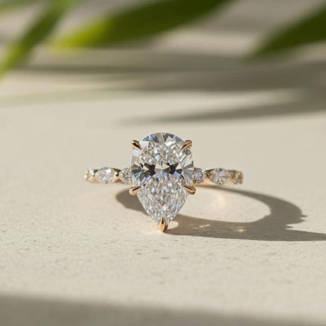 Pear Cut Lab Grown Diamond Engagement Ring: 14K Gold Marquise Pave ...