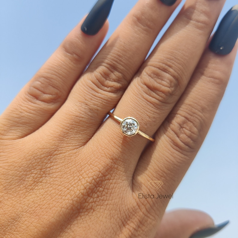 Round Cut Lab Grown Diamond Engagement Ring: 14k Yellow Gold Bezel Solitaire