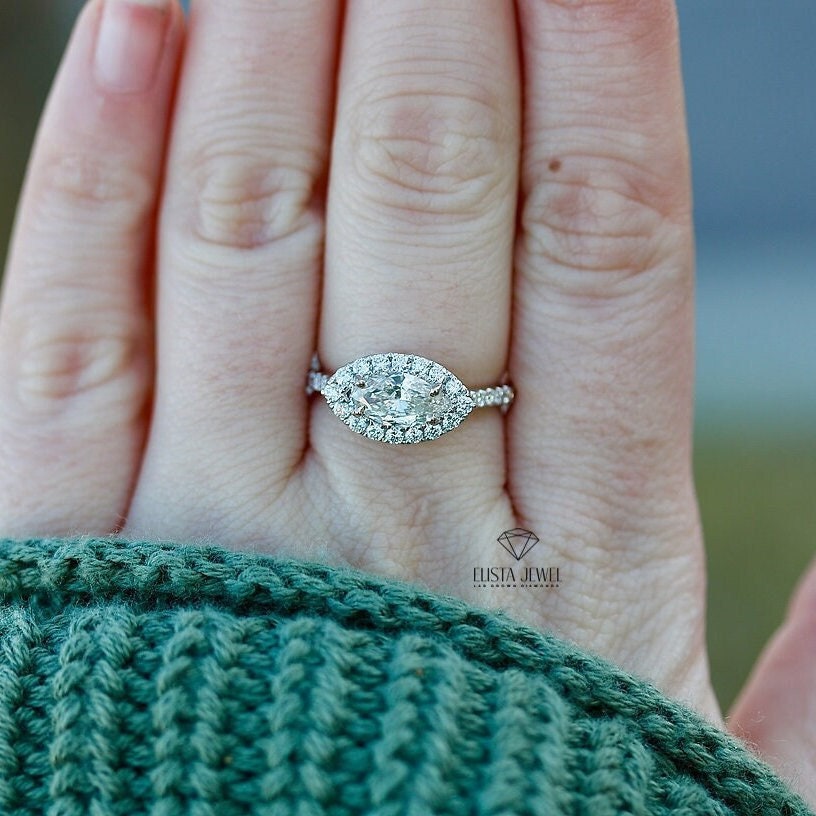 East west Marquise Diamond Engagement Ring lab Grown Diamond Halo