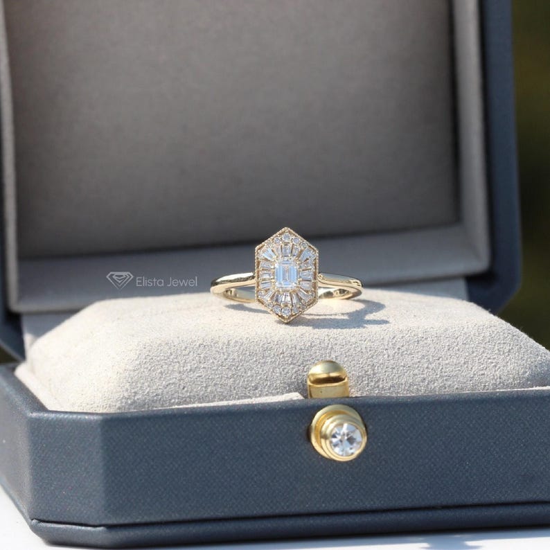 Emerald Cut Diamond Ballerina Ring: Gold Mosaic Engagement Ring