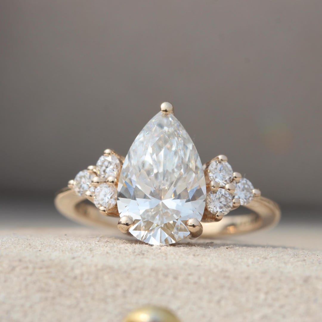 Pear Cut Lab Diamond Cluster Engagement Ring, 14K Yellow Gold Proposal ...