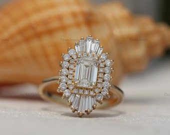 Emerald Cut Lab Created Diamond Halo Ring, 10K Solid Yellow Gold Art Deco Ring, CVD Diamond Ring, Unique Women Ring, Wedding Ring For Her