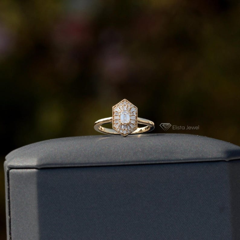 Emerald Cut Diamond Ballerina Ring: Gold Mosaic Engagement Ring