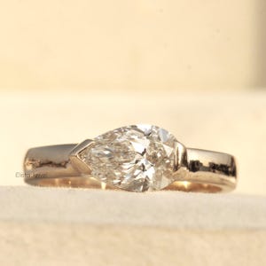 1.00CT East-West Pear Cut Lab Grown Diamond Solitaire Semi Bezel Engagement Ring, 18k Solid Yellow Gold Diamond Ring, Anniversary Gift