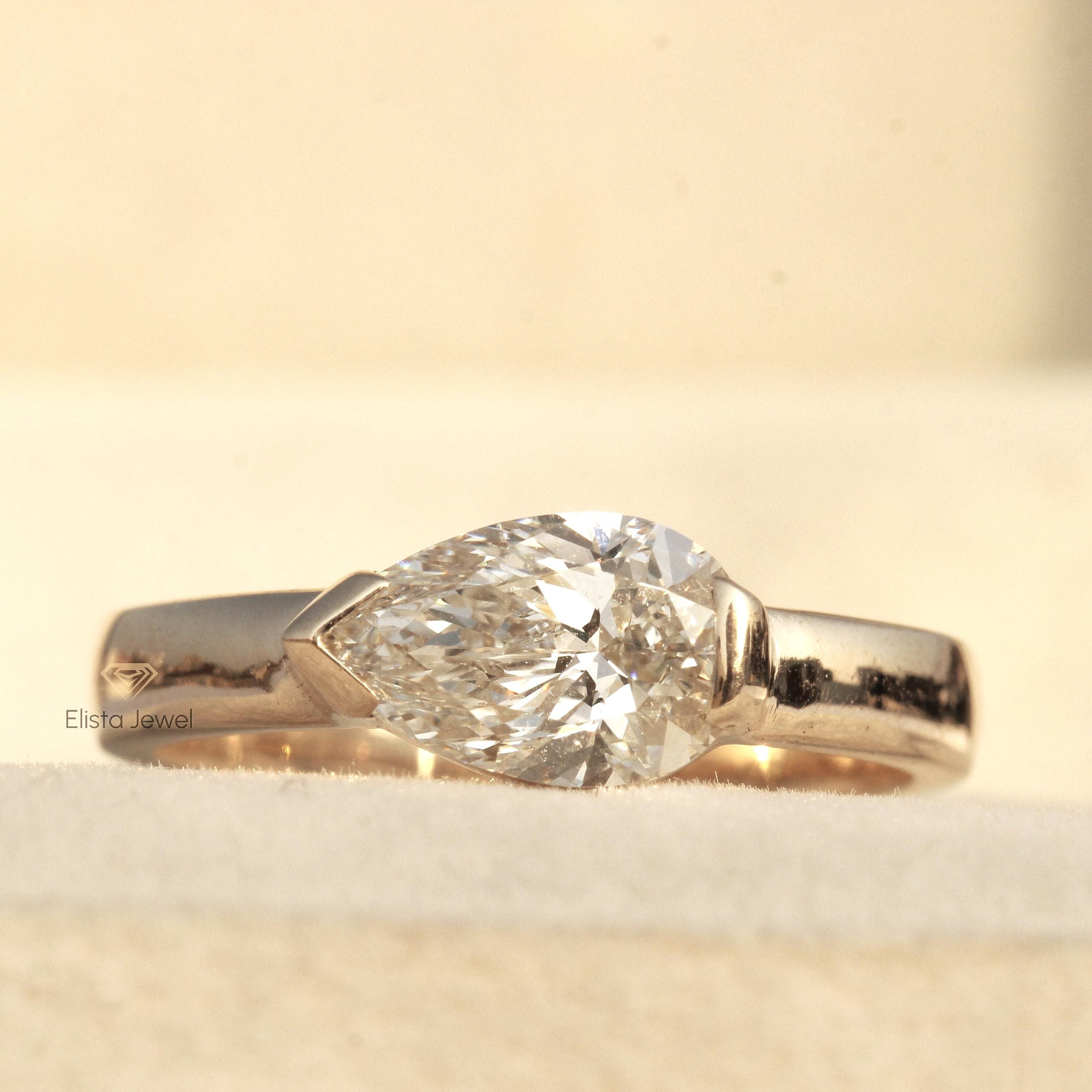 1.00CT East-West Pear Cut Lab Grown Diamond Solitaire Semi Bezel Engagement Ring, 18k Solid Yellow Gold Diamond Ring, Anniversary Gift