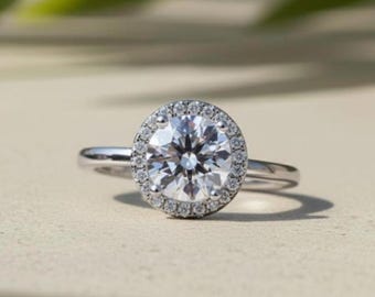 Verlobungsring mit im Labor gezüchtetem, rundem Diamanten (1,30 ct): Halo-Brautring aus 14-karätigem Weißgold
