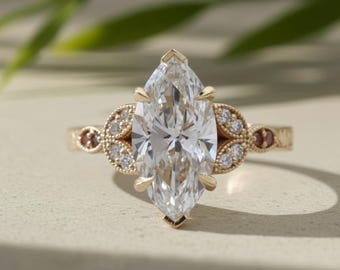 Marquise Cut Ring, Art Deco Lab-Grown Diamond Engagement 14K Yellow Gold