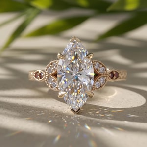 3 Carat Marquise Lab Grown Diamond Vintage Engagement Ring With Ruby, 18K Yellow Gold Floral Engraved Band, IGI Certified