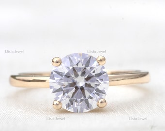 Anillo solitario de diamante redondo cultivado en laboratorio de 2 quilates, anillo de compromiso de oro de 14k, certificado por IGI.