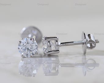 1.00 CT Round CVD Diamond Stud Earrings: 14K White Gold