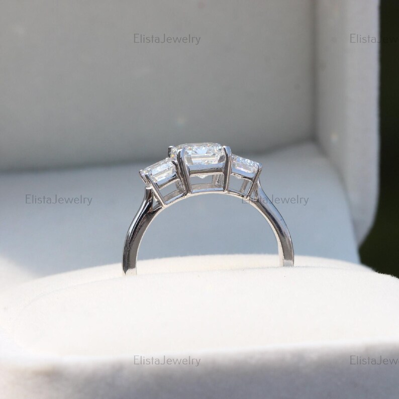 Emerald Cut Lab Diamond Three Stone Ring, 14K White Gold Anniversary ...