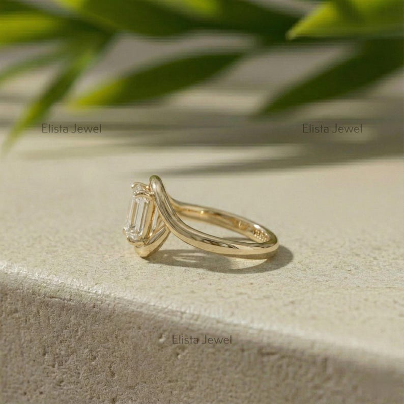 Emerald Diamond Ring Lab-Grown Cut, 18K Yellow Gold Bypass Solitaire