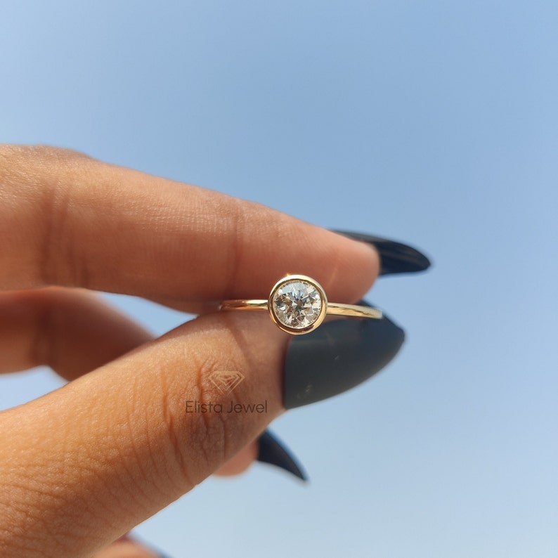 Round Cut Lab Grown Diamond Engagement Ring: 14k Yellow Gold Bezel Solitaire