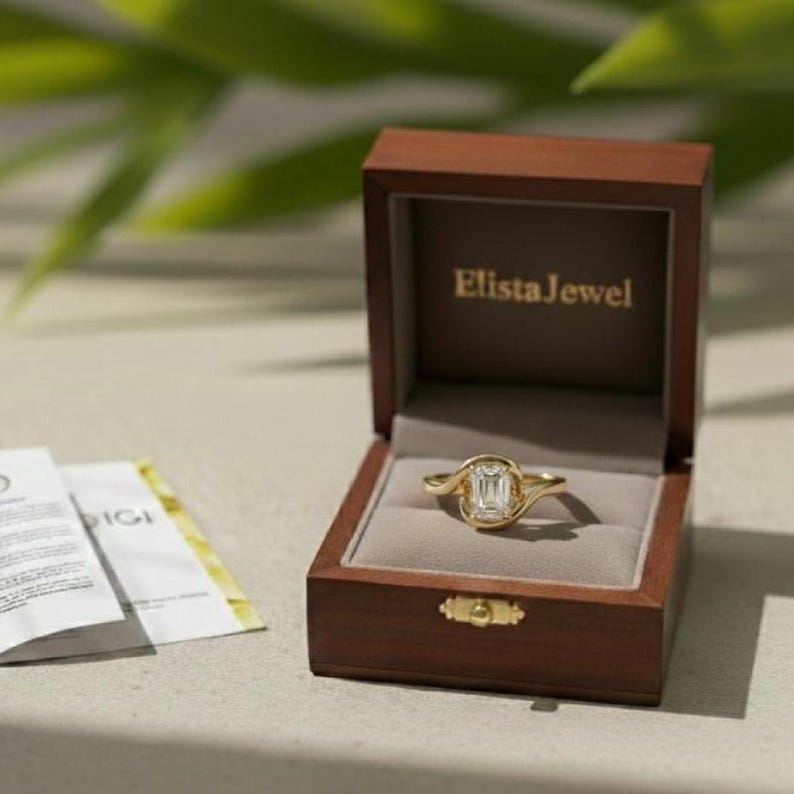 Emerald Diamond Ring Lab-Grown Cut, 18K Yellow Gold Bypass Solitaire