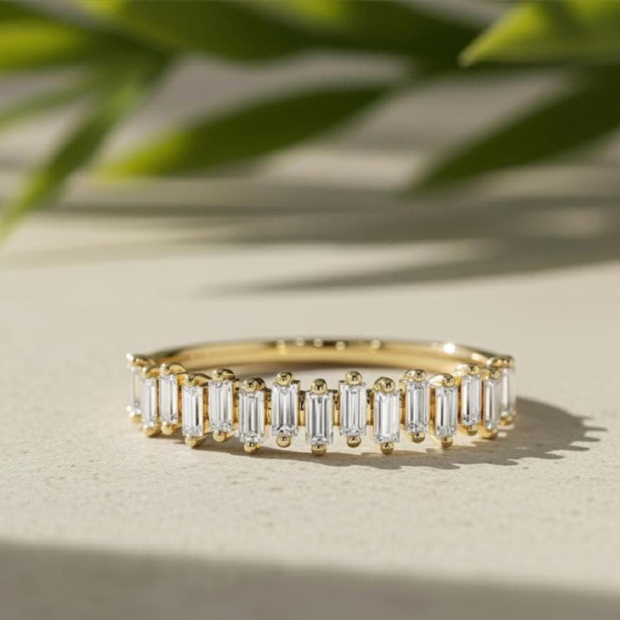 Baguette Diamond Half Eternity Band Yellow Gold Modern Stackable Ring ...