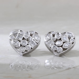 14K White Gold Heart Earrings: Lab Grown Diamond Cluster Jewelry