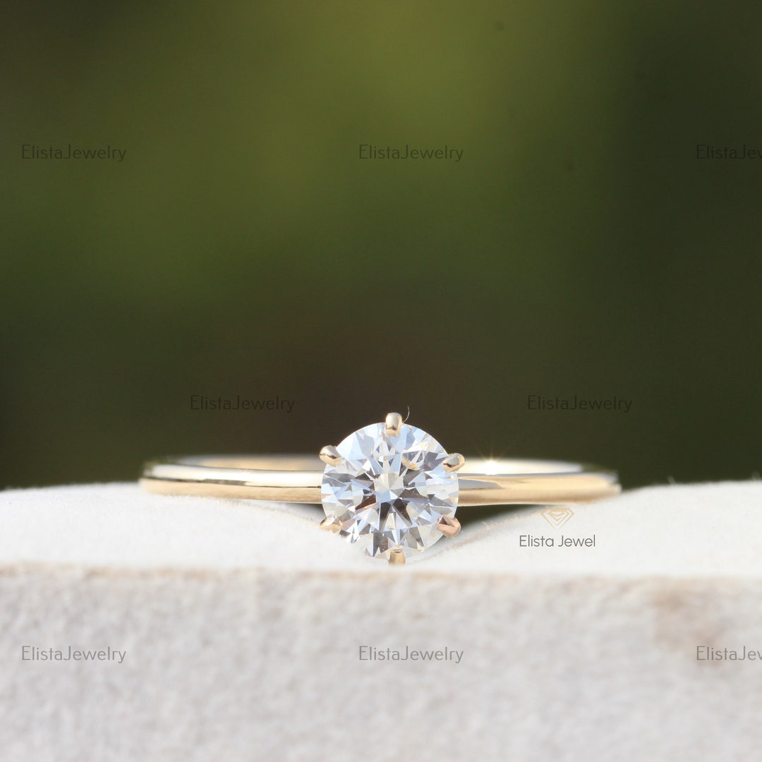 Round Cut Lab Grown Diamond Solitaire Ring, 14K Yellow Gold Wedding ...