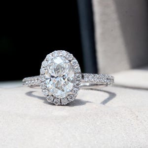1CT Oval Lab Grown Diamond Halo Ring, 14k White Gold Eternity Band