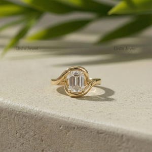 Emerald Diamond Ring Lab-Grown Cut, 18K Yellow Gold Bypass Solitaire