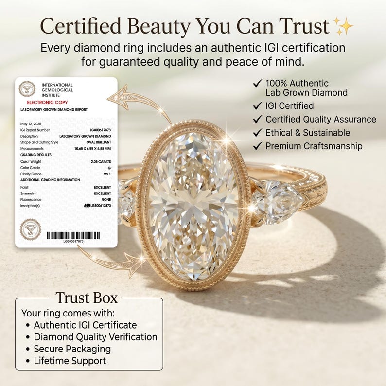 May include: An oval brilliant lab-grown diamond ring with a gold band and side stones, accompanied by an IGI laboratory grown diamond report. The text reads Certified Beauty You Can Trust, 100% Authentic Lab Grown Diamond, IGI Certified, and Trust Box.