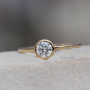 Round Cut Lab Grown Diamond Engagement Ring: 14k Yellow Gold Bezel Solitaire