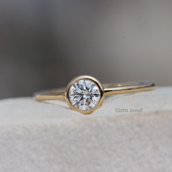 Round Diamond Ring, Lab Grown Engagement 14K Yellow Gold Bezel Solitaire