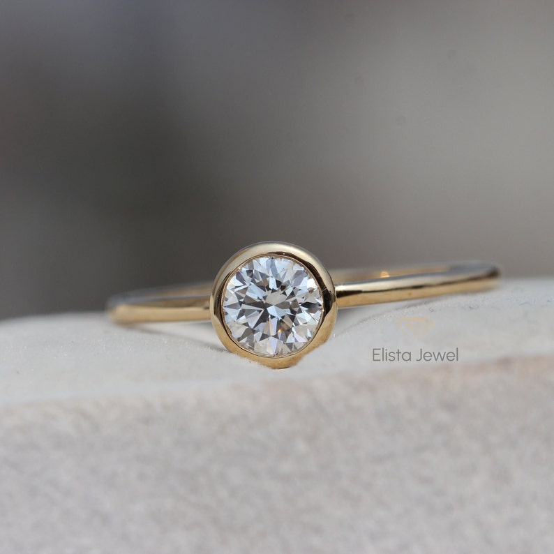 Round Cut Lab Grown Diamond Engagement Ring: 14k Yellow Gold Bezel Solitaire